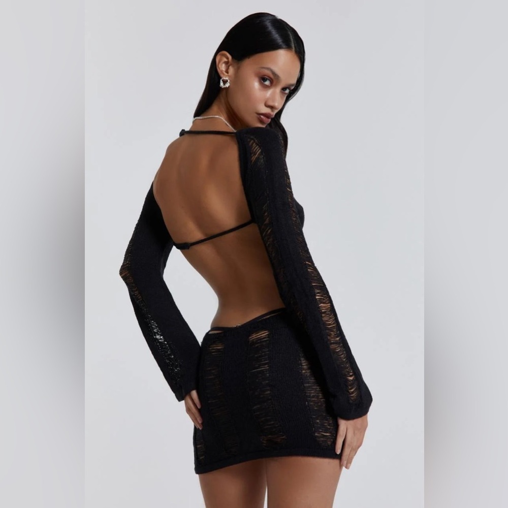 Shredded Backless Black Mini Dress